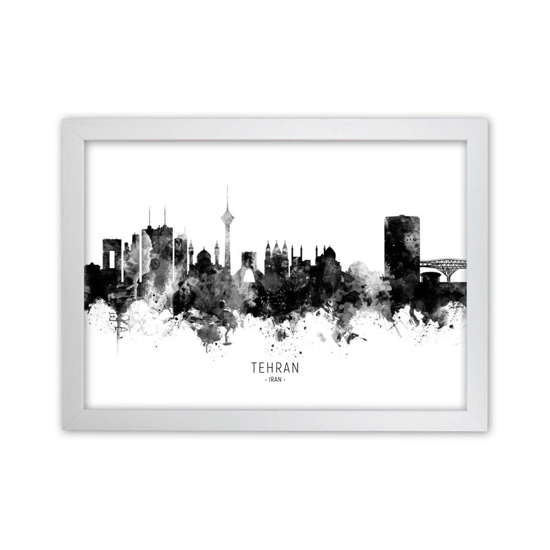 Tehran Iran Skyline Black White City Name by Michael Tompsett - Print, 46cm H x 63cm W x 3cm D, White Framed