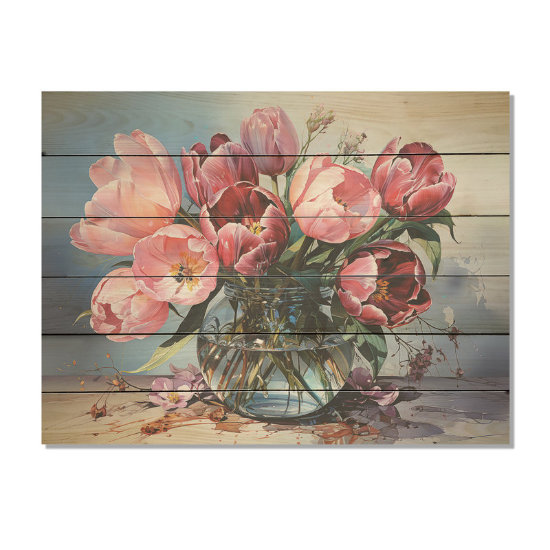 Tulipes sur la plage - Tulipes, art mural sur bois de pin naturel, H 30 po x l 40 po