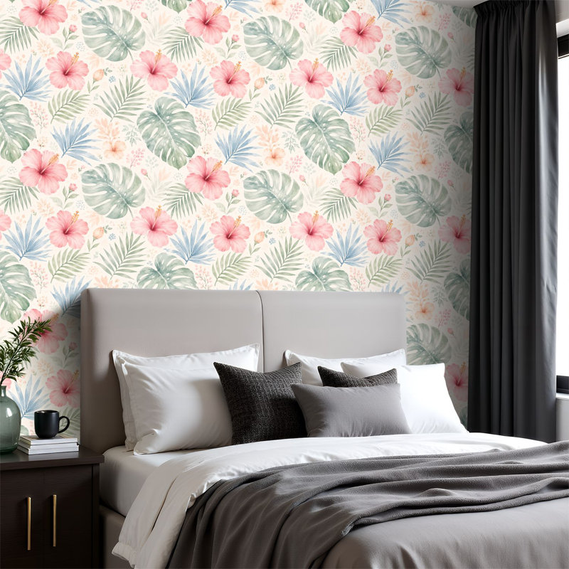 Papier peint adhésif à motif floral Hibiscus Monstera Tropical, 117.96" L x 23.6" W