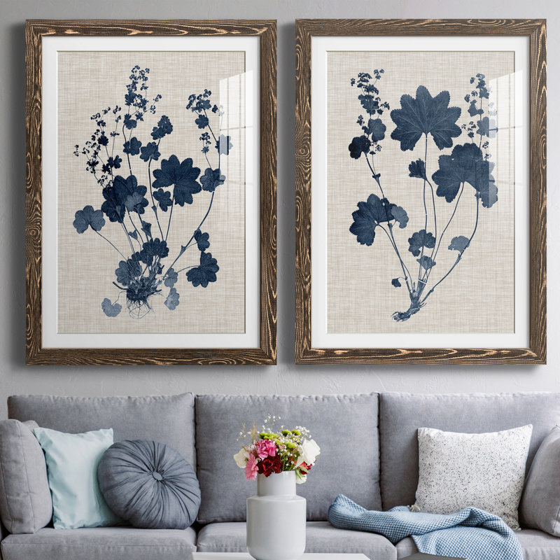 Bleu marine et feuilles de lin II - ensemble de 2 reproductions d'art sur papier encadré, H 43,5 po x l 31,5 po, Noyer