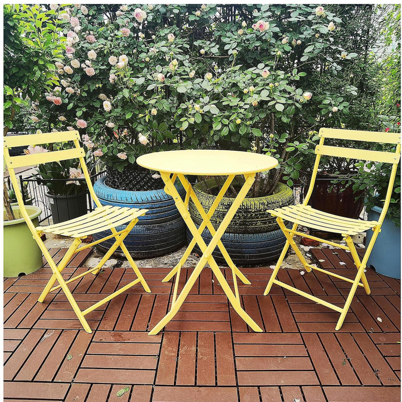 3 Piece Patio Bistro Set of Foldable Round Table and Chairs, Yellow, Yellow