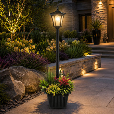 76-Inch Solar Lamp Post with Integrated Planter, Glass and Metal Construction, 60-Lumen Warm White Dusk-to-Dawn Light for Driveways, Yards, and Patios