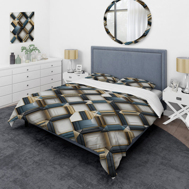Ensemble de housse de couette en microfibre gris / doré et mosaïque de marbre noir / doré / beige