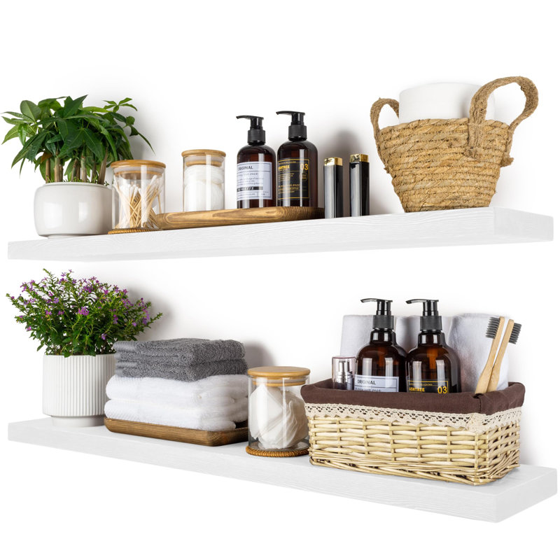 Solid Wood Floating Shelves，Rustic Wooden Wall Shelves, 1.25" H x 36" W x 6.7" D, White