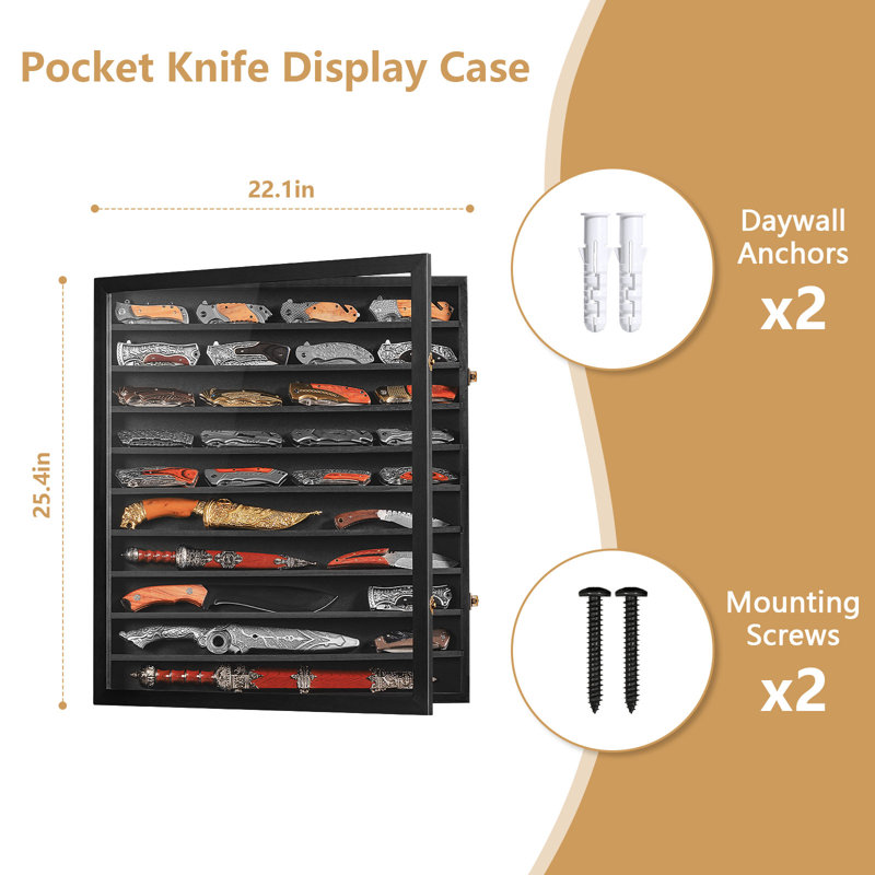 Vitrine murale pour couteaux de poche, en MDF, avec porte en acrylique incassable, pour collectionneurs. Coffret de rangement verrouillable noir.