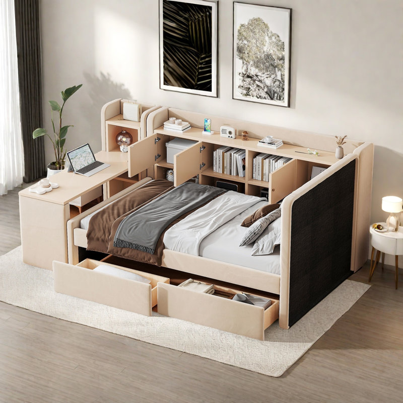 Upholstered Daybed With 2 Drawers, Storage Shelves, Flip Cabinets & Side Table, Vertical Striped Design, Beige