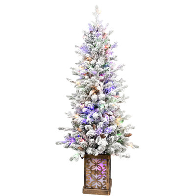 4FT Flocked Christmas Tree With Multicolour LED Lights, 396 Tips, Glitter Base, 100 Lights, PE/PVC Tips With Pine Cones – Light-Up Colourful Basin, Easy Assembly Holiday Decor