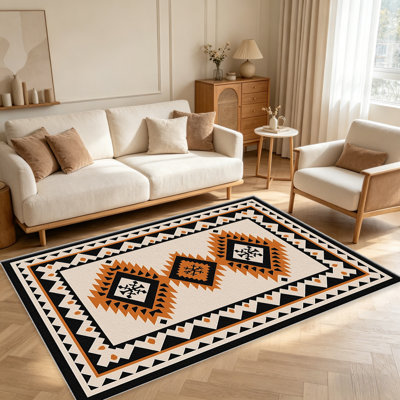Tapis crème / orange brûlé / noir pour le salon, doux et confortable, convient à toutes les saisons, facile à entretenir, tapis de sol intérieur lavable à la machine, sous la table de ferme convenant à la chambre à coucher, à la salle à manger, au bureau, au balcon, au patio de décoration intérieure