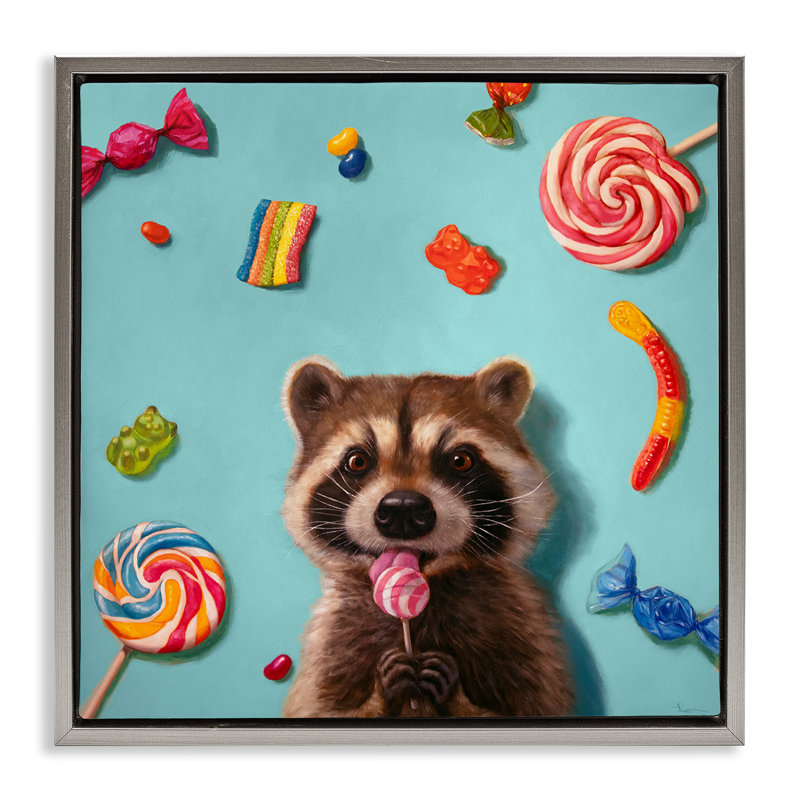 «Raccoon & Sweets Candies», art mural encadré flottant par Lucia Heffernan, Cadre flottant gris lustré, H 25 po x l 25 po