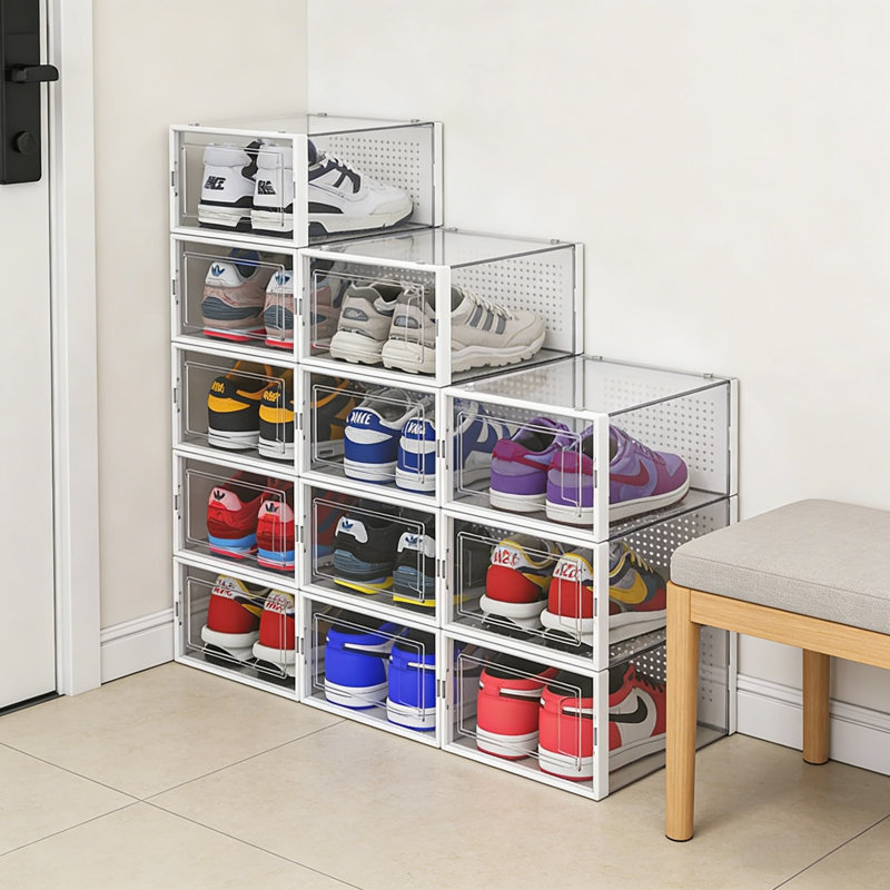Clearview Stackable & Foldable Shoe Storage Boxes - 12 Pack, Transparent Plastic Organizers For Closet, Entryway