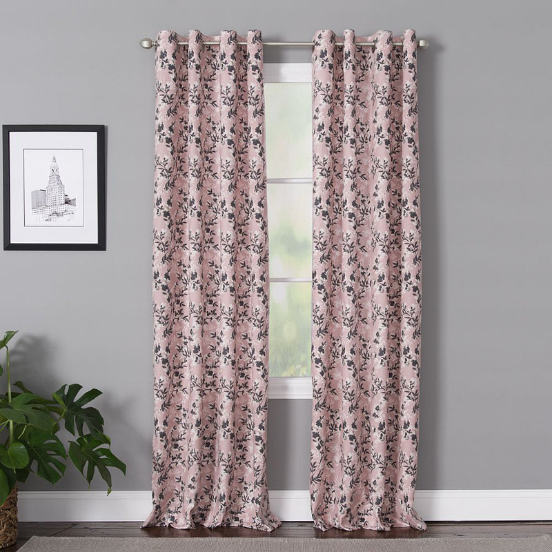 Quane Polyester / Cotton Light-Filtering Vine Print Curtain Panel with Grommet Top, 50" x 95", Blush/Black