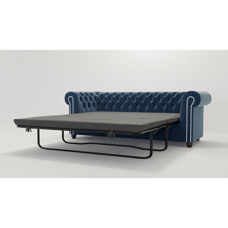 Chesterfield Hanna Sofa Set with Sleeping Function 3+2+1 Made of Velvet Fabric with Solid Wood Legs, Navy Blue
