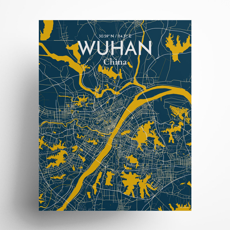 Carte de la ville de Whan, impression, Bleu / jaune, H 20 po x l 16 po