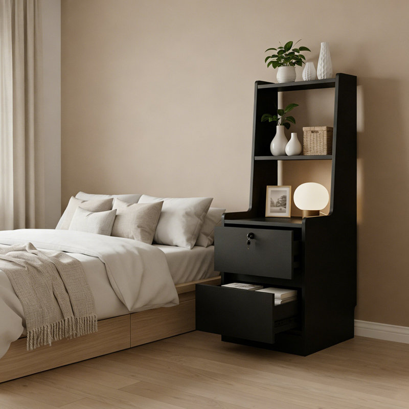Table de chevet de style moderne avec station de charge et veilleuse, avec armoire de rangement pour chambre à coucher, Noir