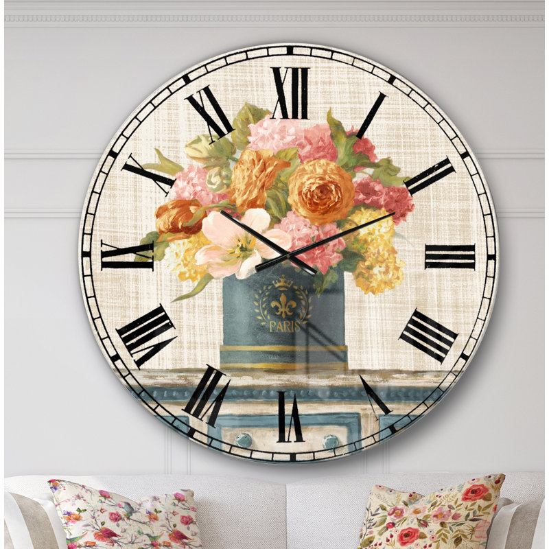 Tulipes dans une boîte à chapeau bleu sarcelle et or sur toile de lin - Horloge murale, Surdimensionné