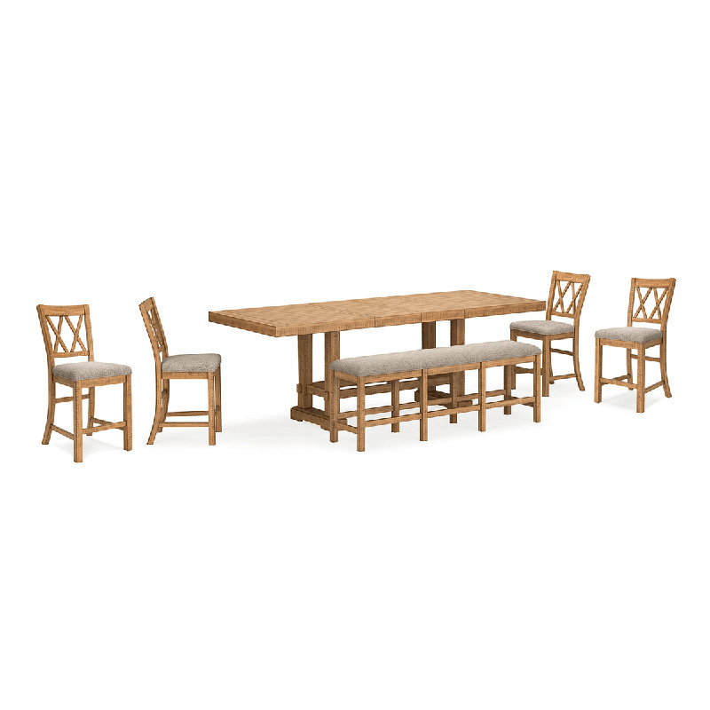Table de salle à manger à hauteur de comptoir Cyriana, 4 tabourets de bar et banc