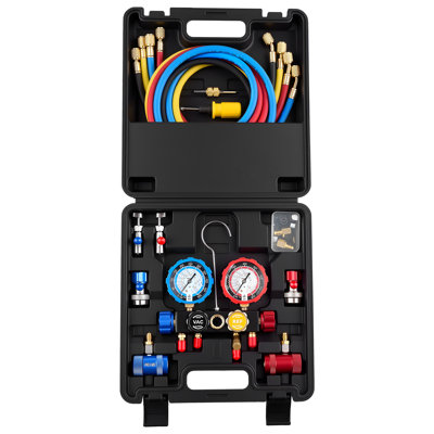 AC Manifold Gauge Set for R134a R404A R1234yf R22 Refrigerant, 4 Way AC Gauge with 5 ft Hoses, Adapters, Quick Couplers, Can Taps for Automotive Air Conditioning Maintenance, Charging Evacuation