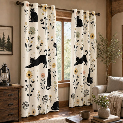 2 pièces de rideaux imprimés mignons avec des chats noirs et des fleurs, un motif floral fantaisiste, un anneau décoratif bloquant le soleil pour le salon de la chambre à coucher