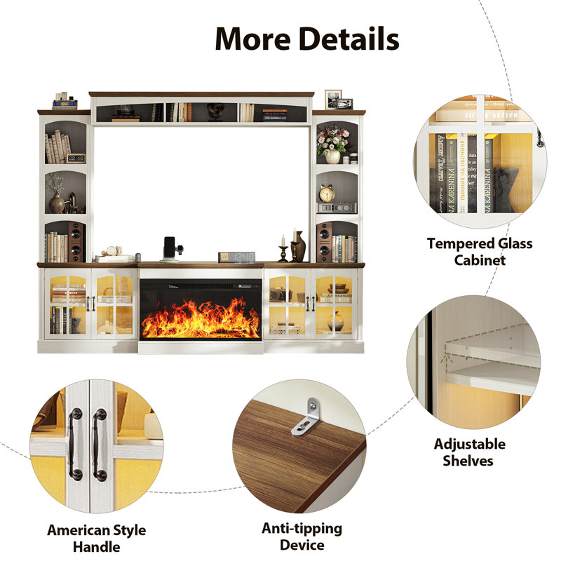 98" TV Stand with Electric Fireplace and Glass Cabinet, Adjustable Shelves & Cable Holes,  Farmhouse Wall Unit Entertainment Center With 3-Sided Electric Fireplace TV Stand For Tvs Up To 70", White