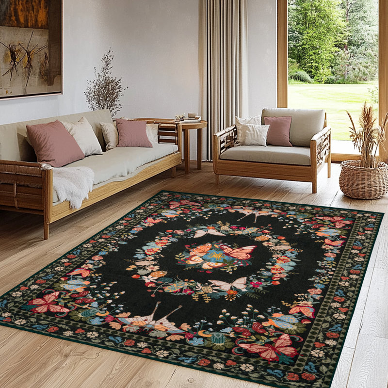 5x7 ft Butterfly Rug for Living Room, Low Pile Throw Rugs with Rubber Backing Washable Non Slip Modern Large Area Rug for Bedroom Dining Room, Black