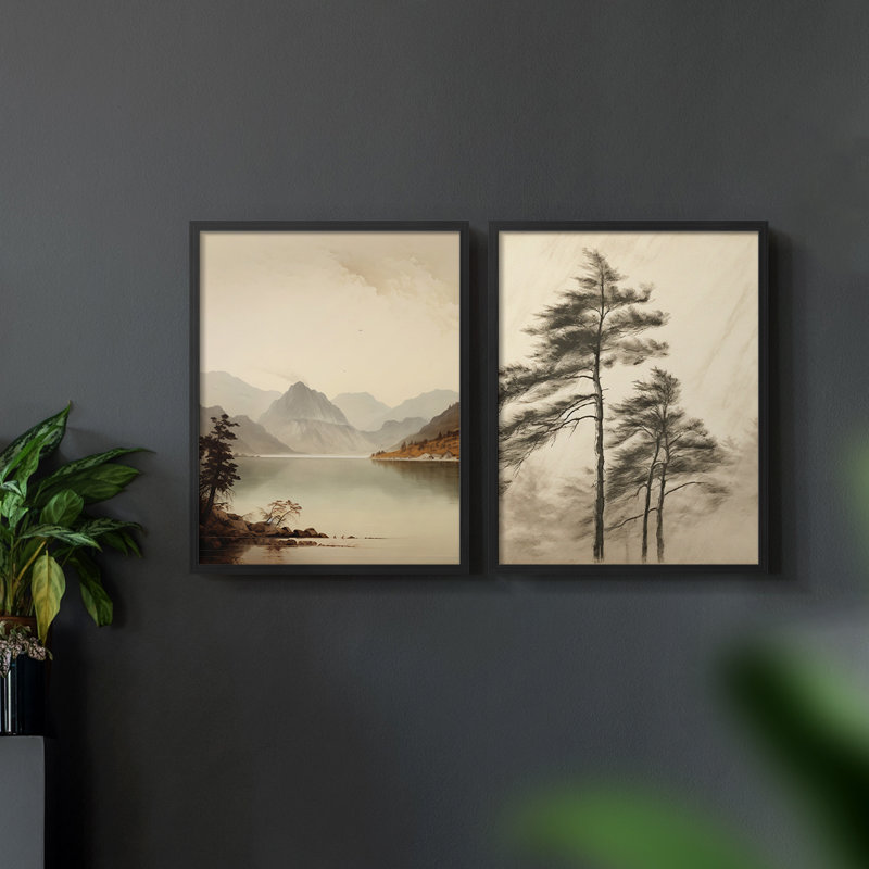 «Vintage Landscape», ensemble de 2 estampes numériques encadrées, H 23 po x l 58 po, Noir, noir, noir, noir