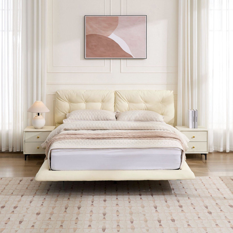 Cadre de lit grand blanc avec lumières à DEL, revêtu de cuir PU, lit flottant à boutons. Pieds dissimulés, télécommande pour une chambre à coucher décontractée, assemblage stable et fonctionnement silencieux en cuir
