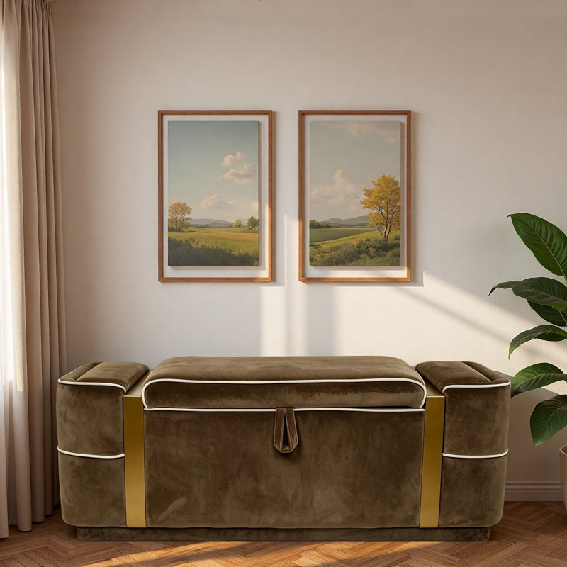 Banc ottoman moderne rembourré avec compartiment de rangement dissimulé, couvercle rabattable et bandes décoratives en métal doré