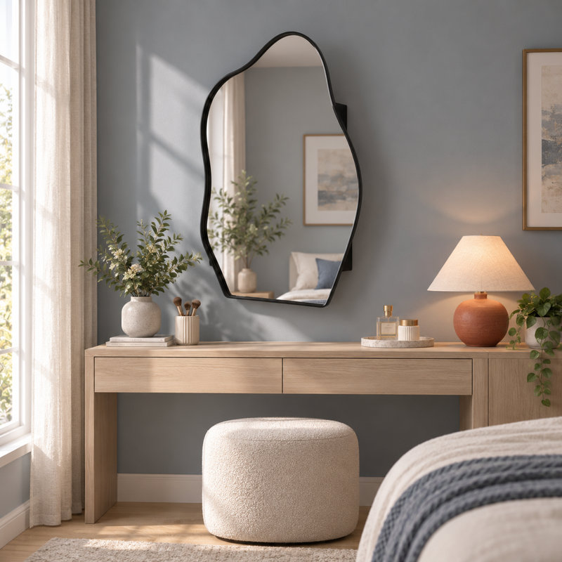 Armoire à miroir murale en forme de nuage irrégulier, avec cadre en métal et étagères en verre ajustables, noir mat