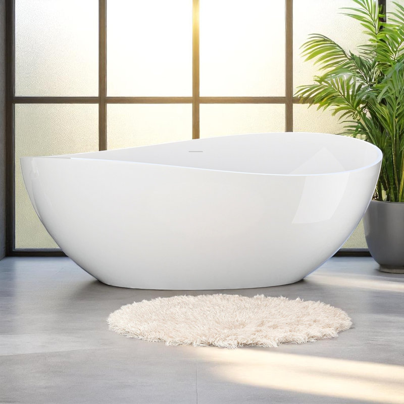 63"X37.5" Solid Surface Stone Resin Freestanding Soaking Bathtub, Glossy White