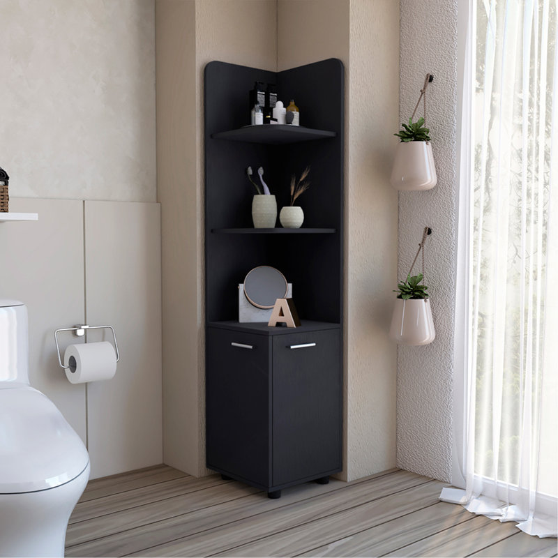 62" Tall Double Door Corner Linen Cabinet with Four Shelves Black
