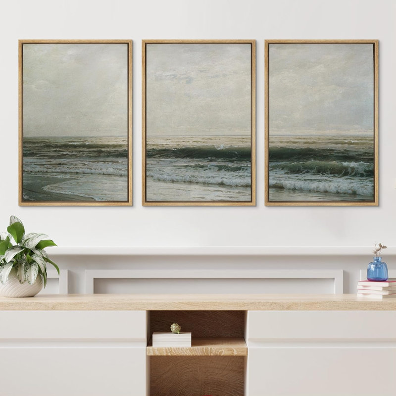 Aquarelle plage côtière 3 pièces, H 24 po x l 16 po x P 1,5 po, Plastique naturel encadré