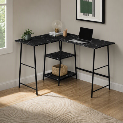 Computer Desk, Home Office, Corner, Storage Shelves, 48"l, L Shape, Work, Laptop, Black Marble Look Laminate, Black Metal, Contemporary, Modern