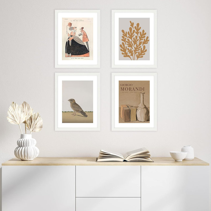 «Morandi Flower Vase Bird Flower Abstract Boho», décor de salle de bain encadré sur papier pour bureau de chambre à coucher, impression de 4 pièces