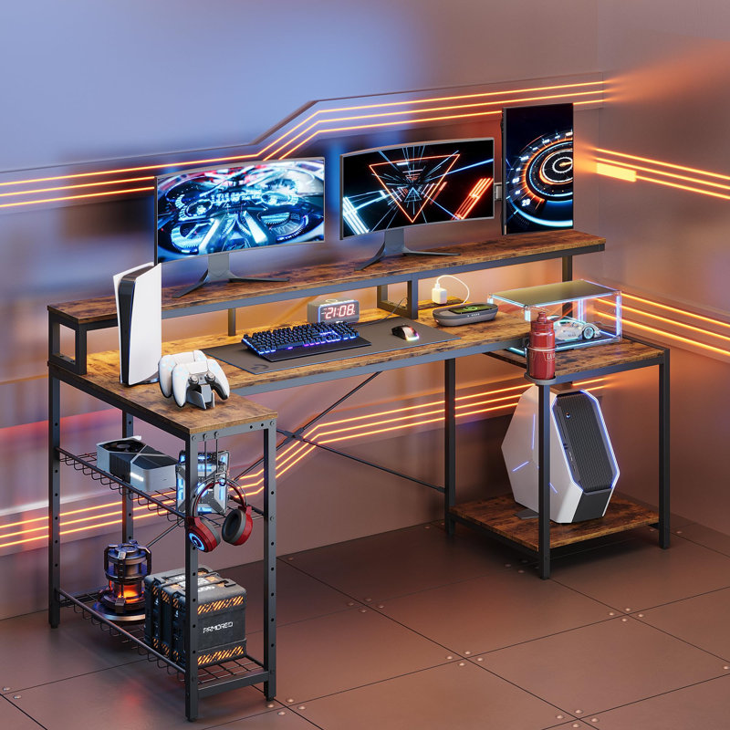 181CM L-Shaped Corner Table With Power Socket LED Light, Gaming Table With Long Monitor Stand, Large Computer Table, Brown