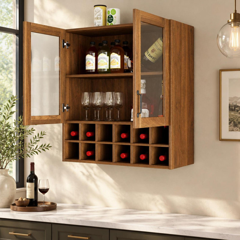 Wall Mounted Wine Cabinet With Glass Doors And Bottle Storage