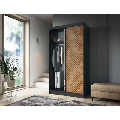 Armoire autoportante à 2 portes coulissantes en miroir Marrphy - noir / chêne caramel