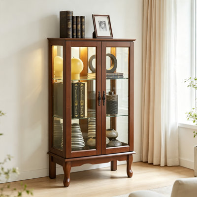Curio Cabinet Lighted Curio Diapaly Cabinet with Adjustable Shelves and Mirrored Back Panel, Tempered Glass Doors (Walnut, 3 Tier), (E26 light bulb not included)