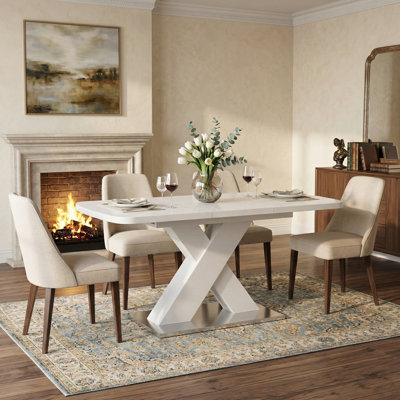 Table de salle à manger rectangulaire extensible de 47,25 po à 63 po avec plateau blanc et base en métal en forme de X, table de cuisine moderne pouvant accueillir 4 à 6 personnes pour la salle à manger
