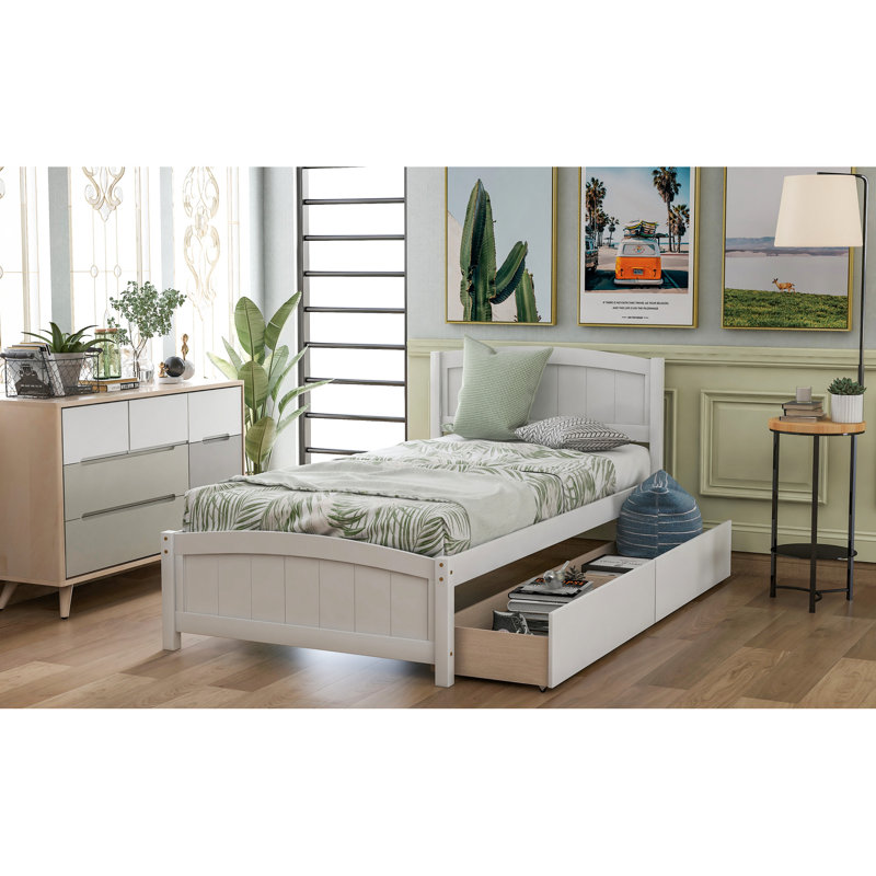 Lit simple blanc avec crochets de tiroir - Bois massif pour une solution de rangement pratique pour la chambre à coucher