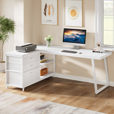 53" L Shaped Home Office Desk, Reversible Corner Computer Desk With 3 File Drawers And 2 Storage Shelves