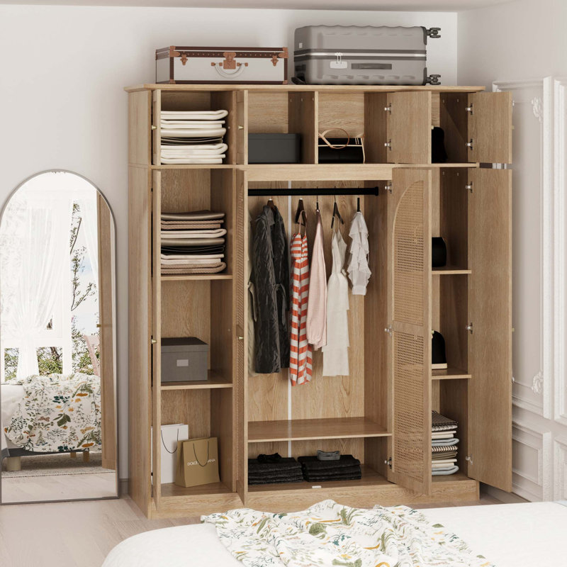 Armoire-penderie en rotin à 8 portes avec tringle et étagères réglables, Naturel