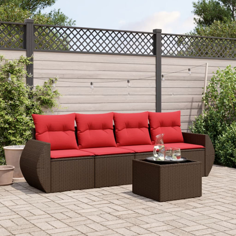 Ensemble de canapé de patio 5 pièces avec coussins en rotin de polyester, Rouge, Brun