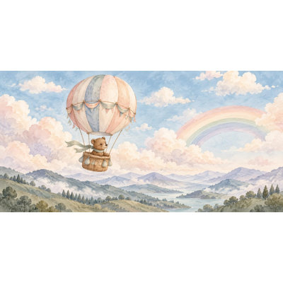 Bear Balloon Wallpaper Mural, Peel and Stick Kids Room Wall Mural, Watercolor Hot Air Balloon Nursery Wallpaper