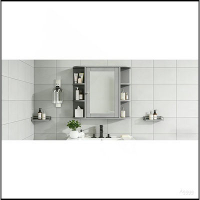 Bathroom Wall Storage Cabinet With Mirror, Medicine Cabinet With Adjustable Wood Shelf & Doors, Mounted Storage Cabinets With 6 Open Shelves, Gray