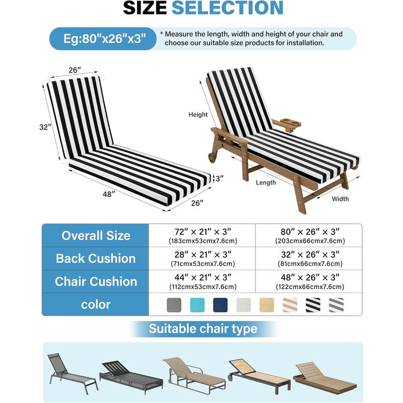 80" Outdoor Chaise Lounge Cushion Olefin Fabric Waterproof Fade-Resistant, Black Stripes