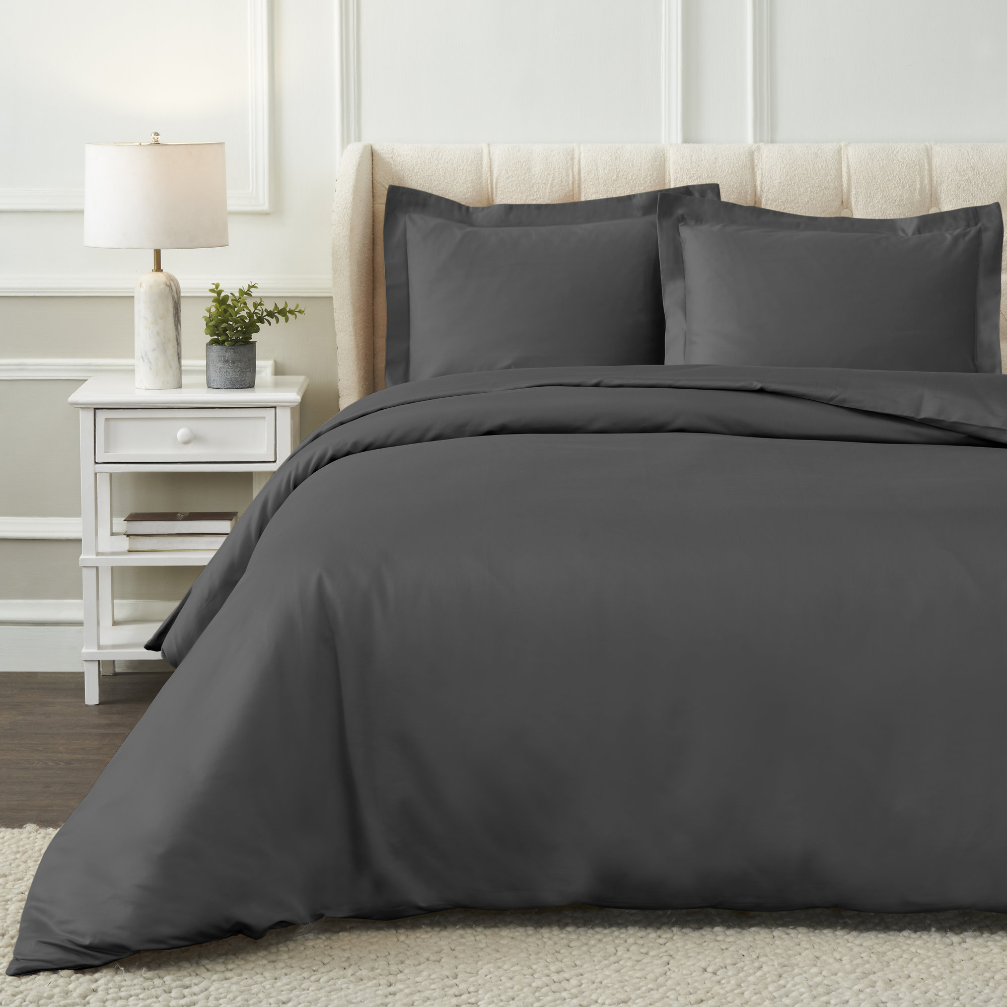 Mellark 1200 Thread Count Egyptian Cotton Solid Duvet Cover Set, Charcoal, Full/Queen Duvet Cover + 2 Standard Shams