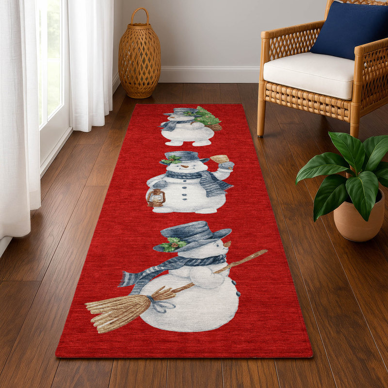 Premium Machine Washable Ingrassellino AMF1826 Happy Snowmen Holiday Rug, Runner 2'3" x 7'6"