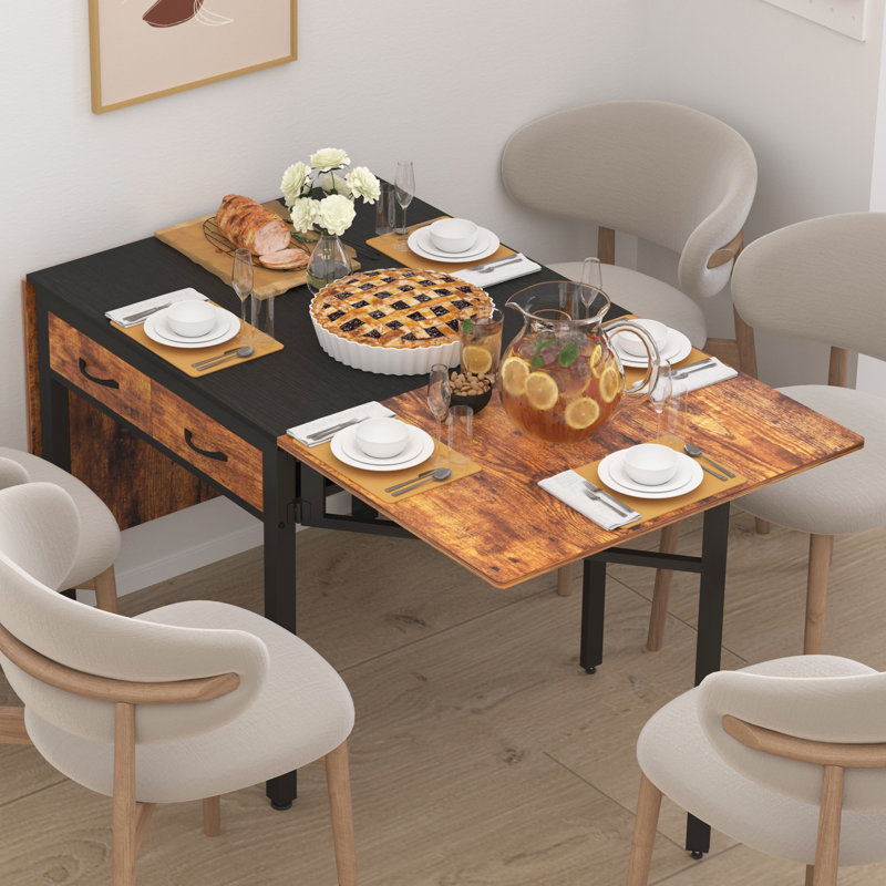 78.74" W Drop Leaf Dining Table For 2-8 People, Extendable Kitchen Dining Table With 4 Fabric Drawers