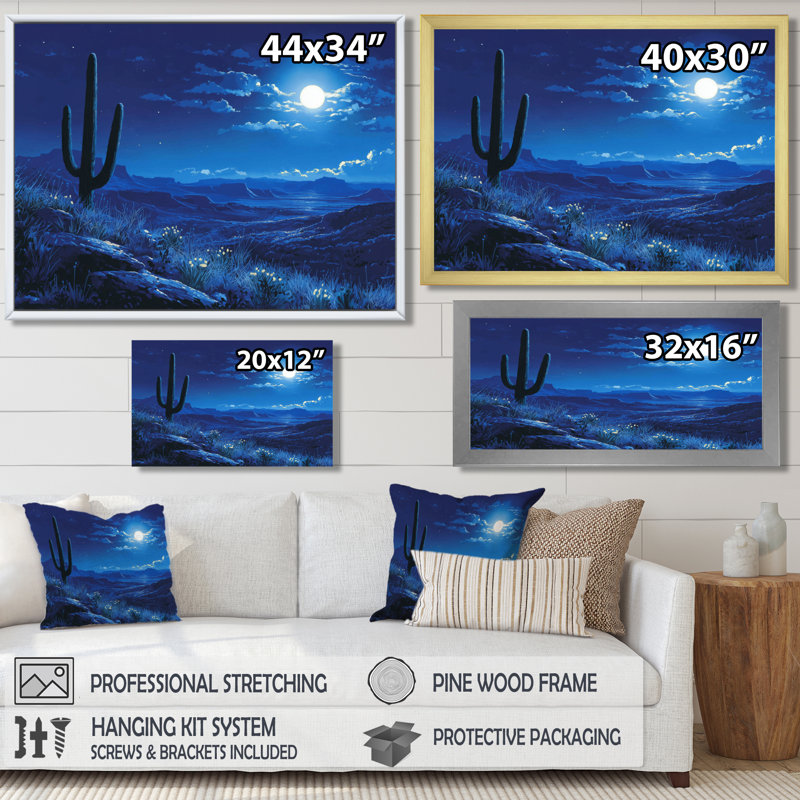 Marecz Saguaro Cactus sous les étoiles I - art mural cactus, Cadre simple, H 12 po x l 20 po, Doré