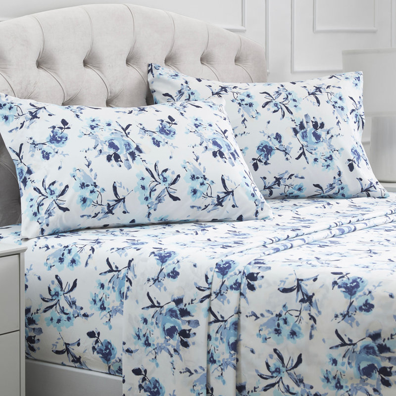 Mellanni 1800 Bed Sheets Full Madison Blue, Full Sheet Set, Madison Blue Floral